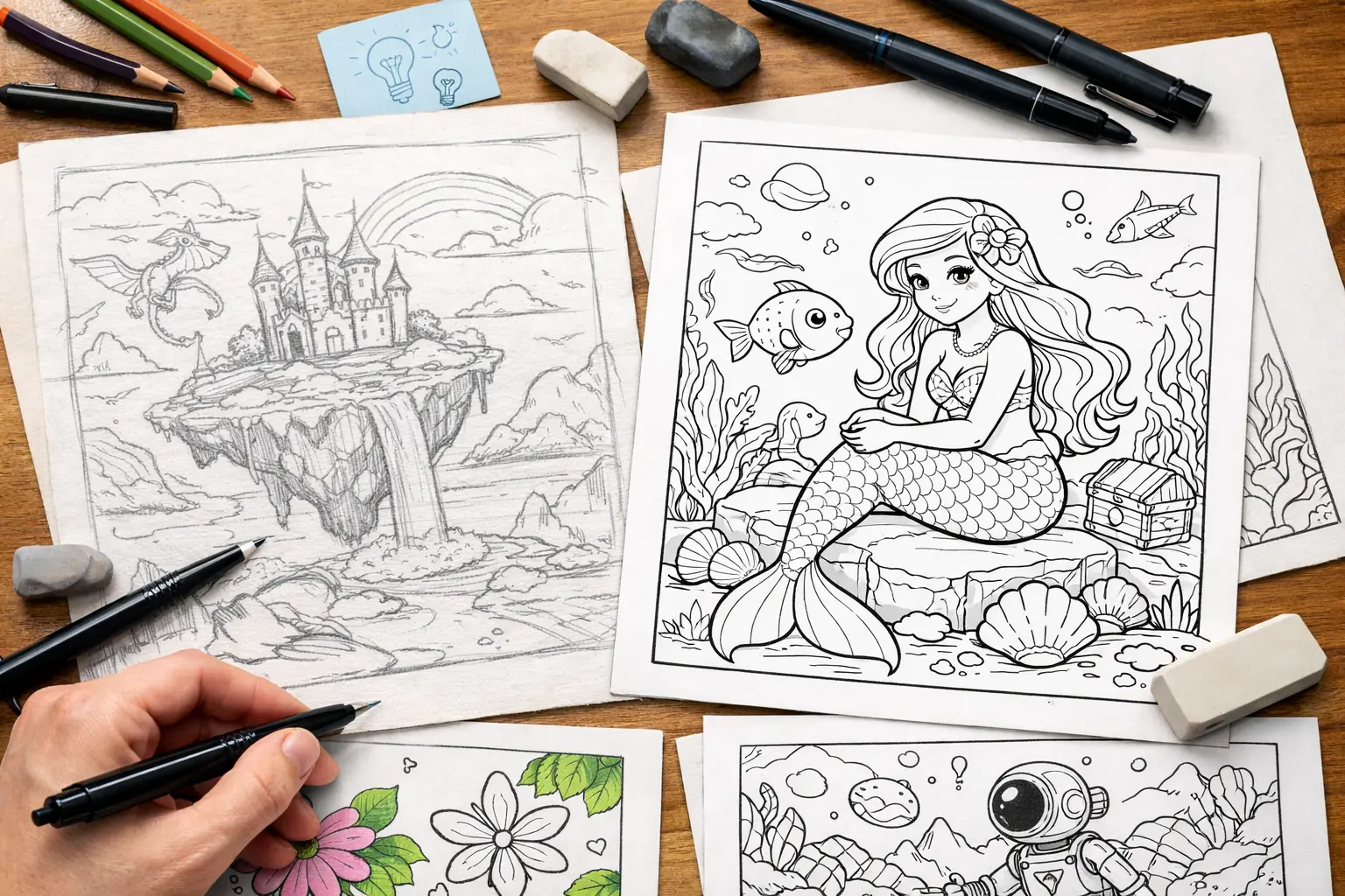 AI generation and line cleanup workflow for coloring book pages