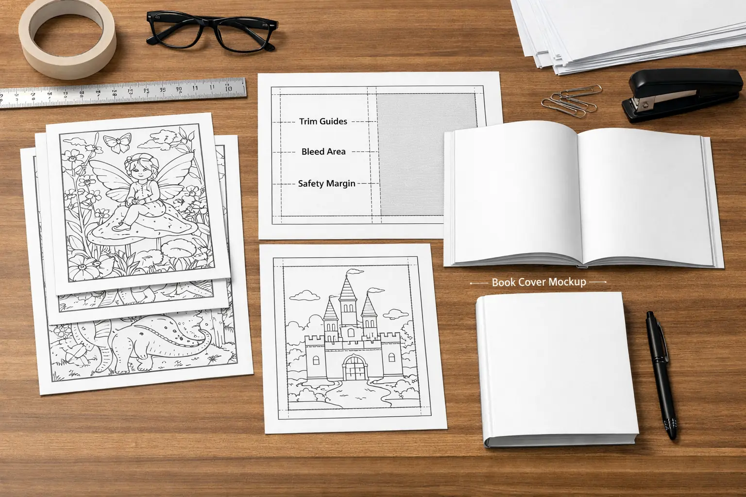 Layout and export setup for a coloring book production workflow